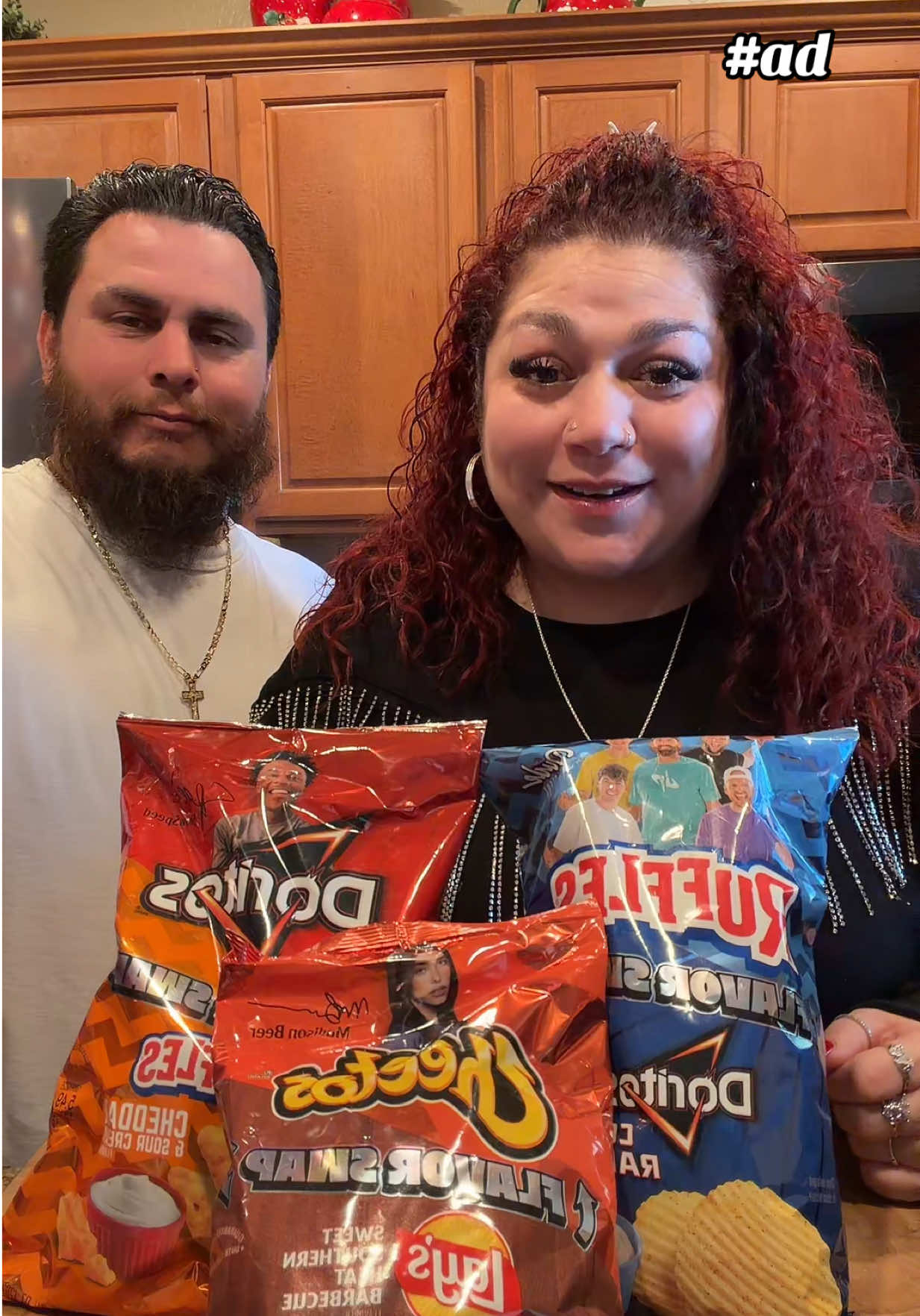 TikTok post by @goodwill_guy_and_mama_d for Frito-Lay. Caption reads: [...] @Doritos @Chester Cheetah @RUFFLES....