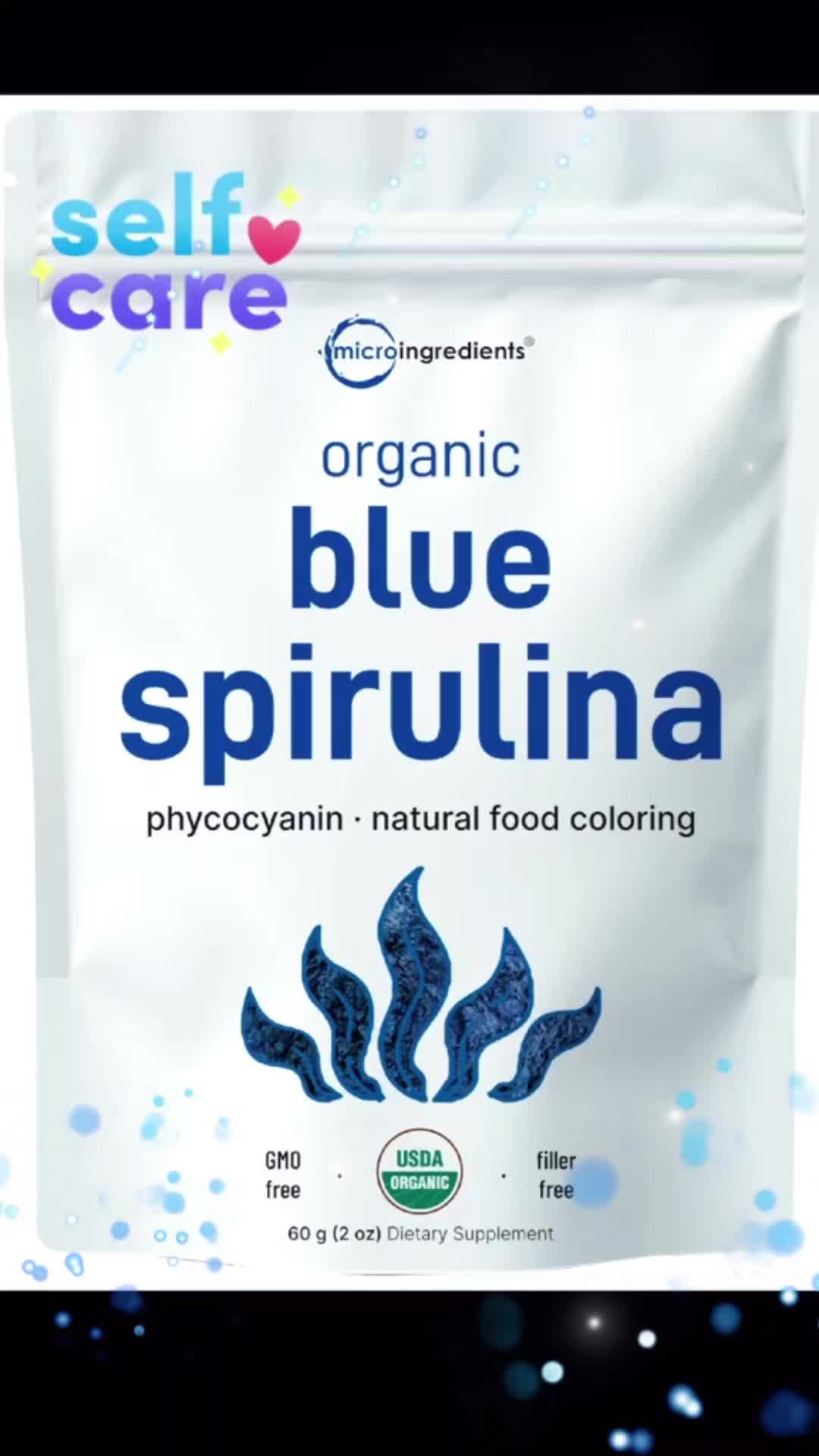 TikTok post by @veganchefmayra for Micro Ingredients. Caption reads: Micro Ingredients Organic Blue Spirulina Powder....