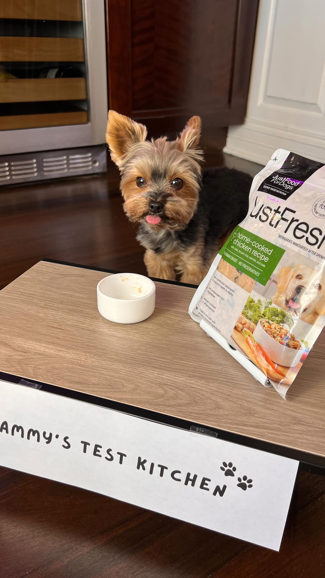 Instagram post by @sammy_in_the_city_ for JustFoodForDogs. Caption reads: Welcome to Sammy’s test kitchen where he tries....