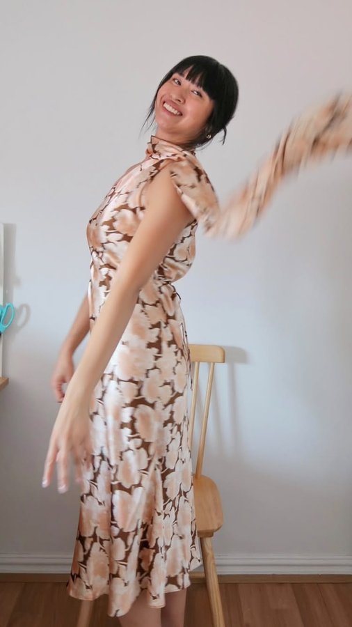 Instagram post by @goodthreadsstudio for The Fabric Store. Caption reads: [...] in hammered satin gifted by....