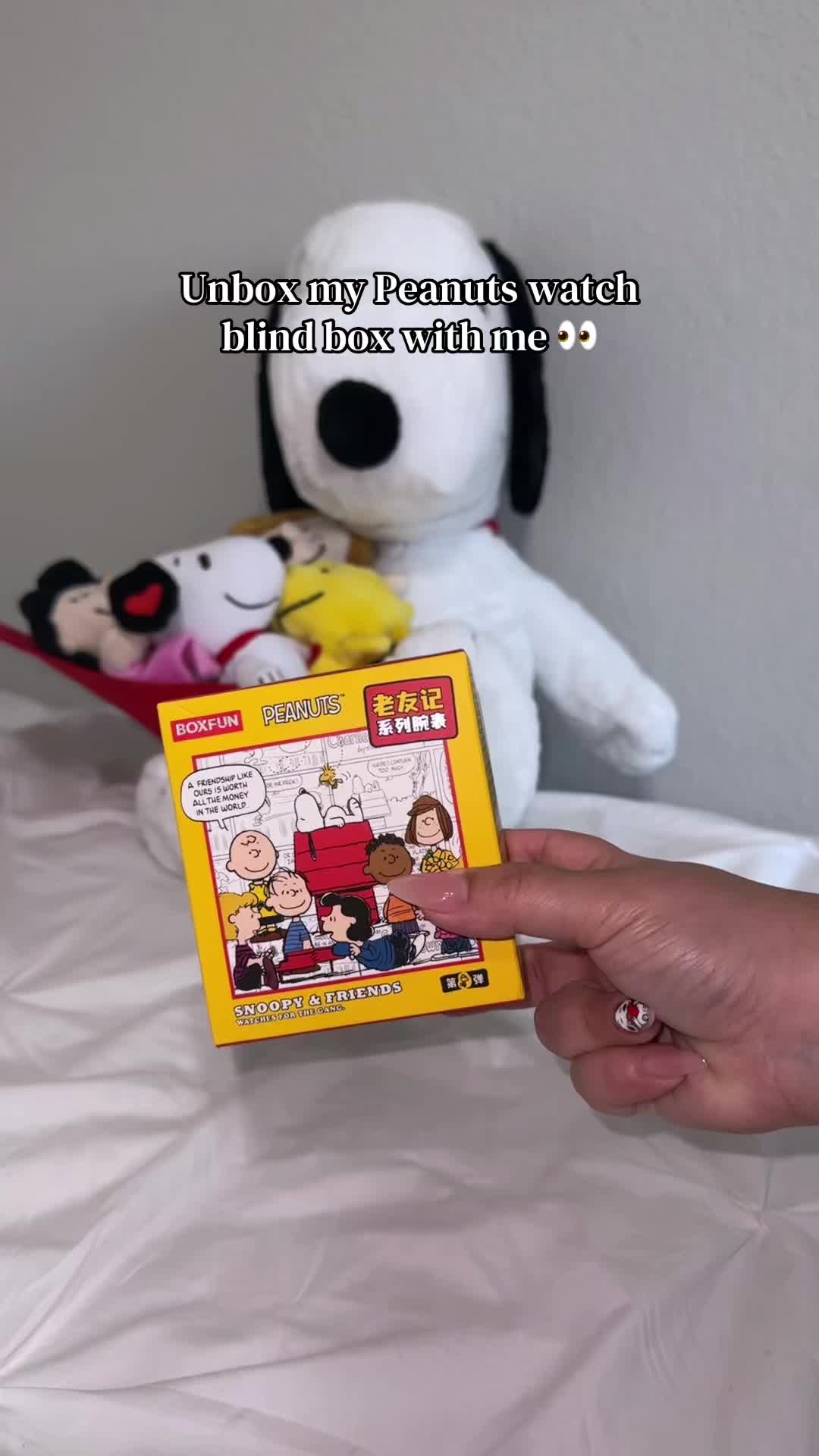 TikTok post by an influencer for MINISO OFFICIAL. Caption reads: You never know which Peanuts character watch....