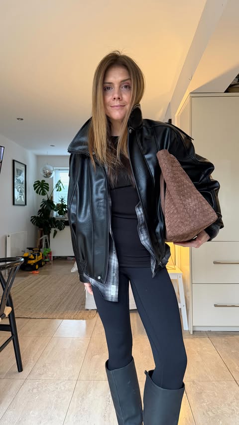 Instagram post by @carlyjstevens for Glamorous. Caption reads: [...] Shirt & coat: @riverisland Bag: @ukglamorous....