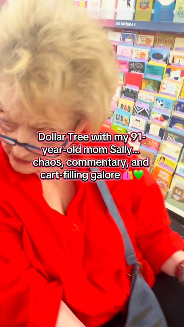 Instagram post by @ladywholounges_ for Dollar Tree. Caption reads: Come shop @dollartree with my 91-year-old mom....