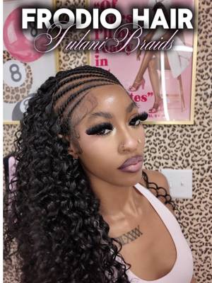 TikTok post by @livingwithemani for Frodio Hair. Caption reads: Fulani Braided wig = Big forehead friendly 🥰💓....