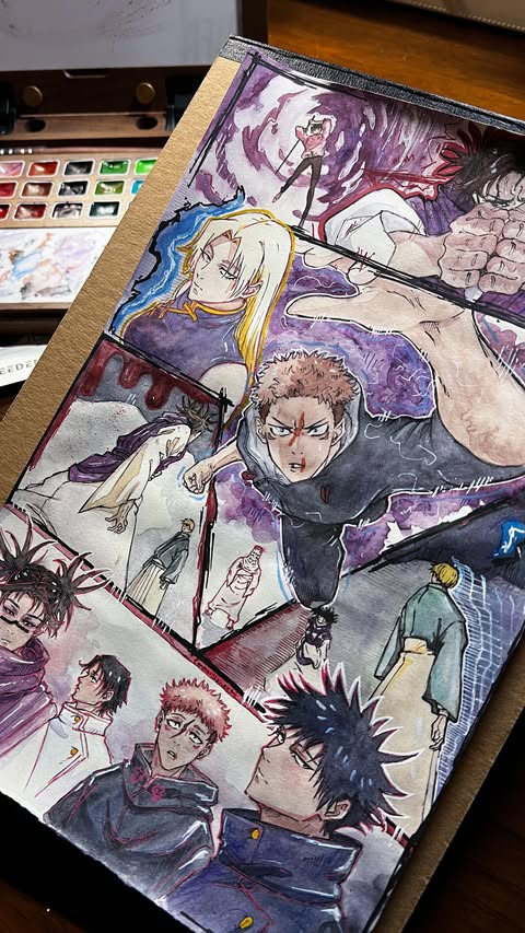 Instagram post by @emarillo_art for MEEDEN ART. Caption reads: I’m so happy to be drawing Jujutsu Kaisen again 😭....