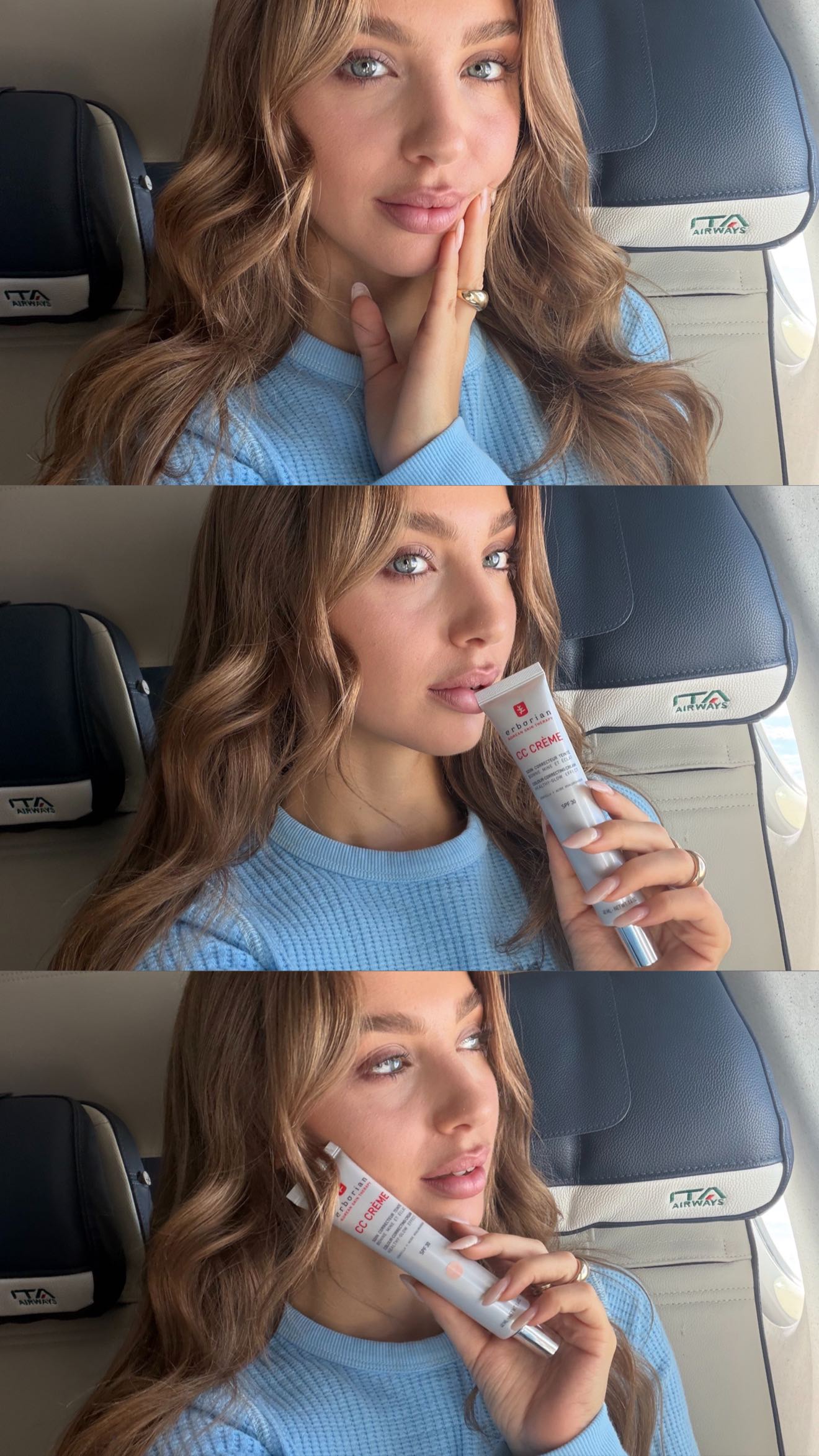 Instagram post by @carlottafiasella for Erborian. Caption reads: Getting ready to be your airport crush w/ the new....