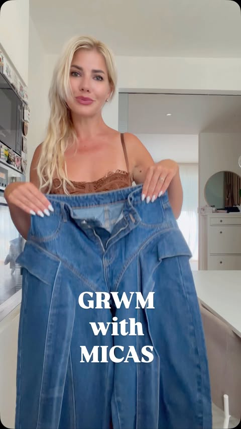 Instagram post by an influencer for MICAS. Caption reads: Total look from @micas.official 🔍Denim Wide Leg....