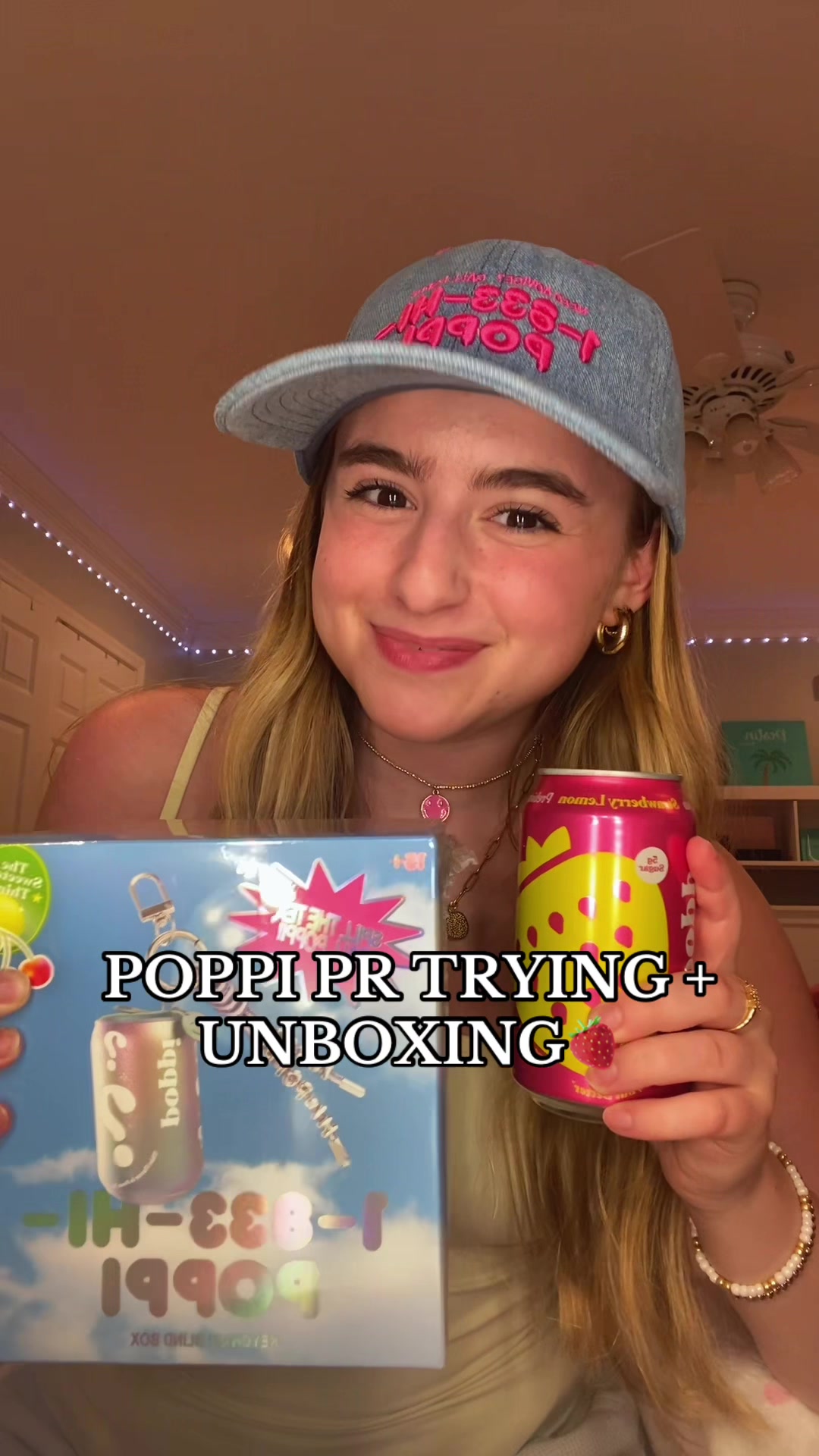 TikTok post by @preppyannafaye for Poppi. Caption reads: AHH THANK YOU @poppi shop 🍓GIFTED PR COLLAB💗....