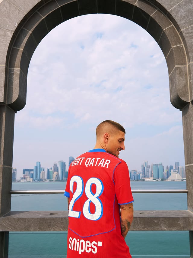 Instagram post by @marco_verratti92 for Visit Qatar. Caption reads: [...] chapter, drawn in the sky 🎆

PSG x....