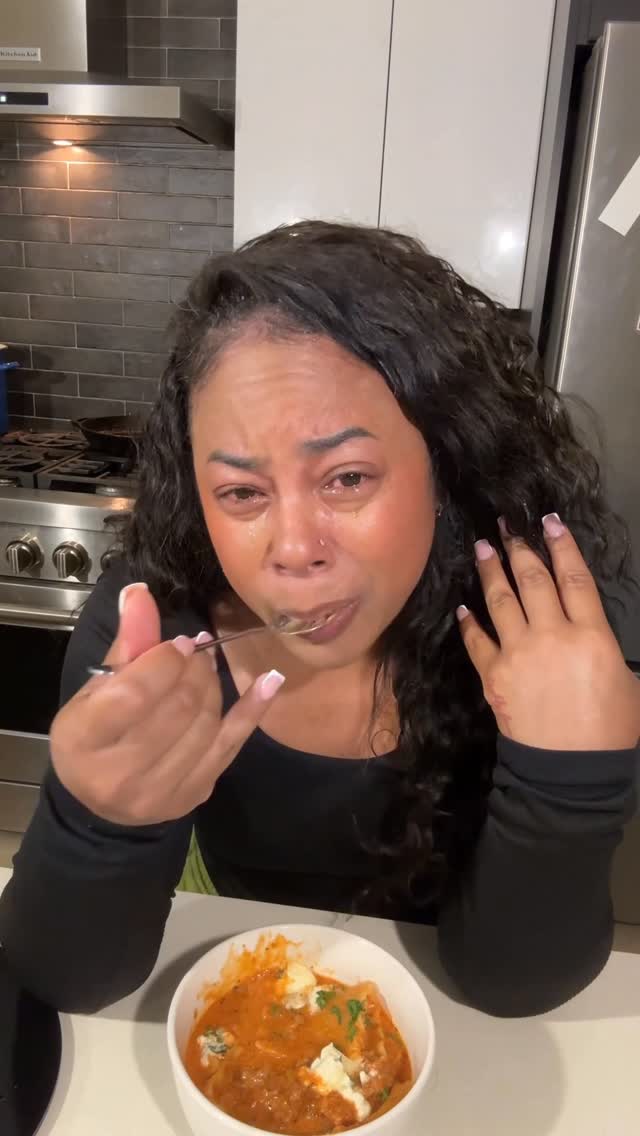 Instagram post by @moniquescarrillo for Caraway Home. Caption reads: This Lasagna soup was soooo 🔥🔥 it made me cry 😢....