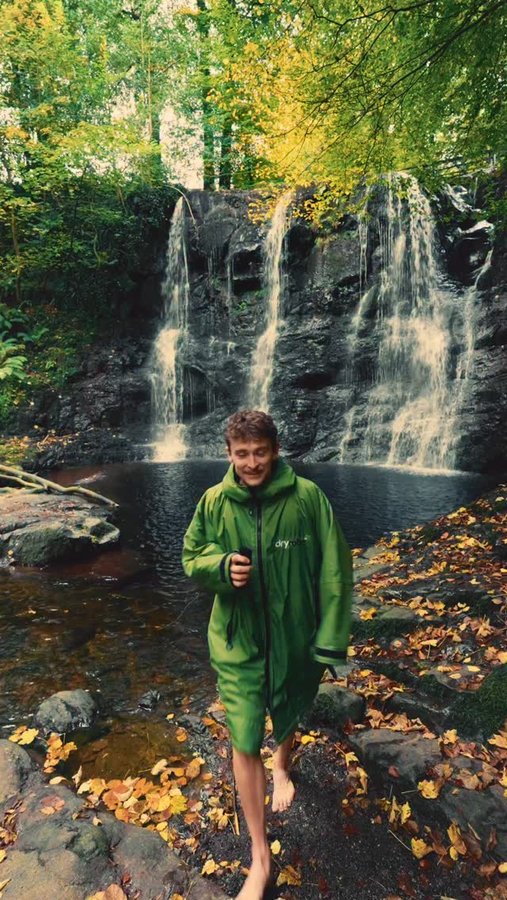 Instagram post by @tadhg_obrien for dryrobe. Caption reads: Exploring the waterfalls of Co.Antrim☘️ 

Autumn....