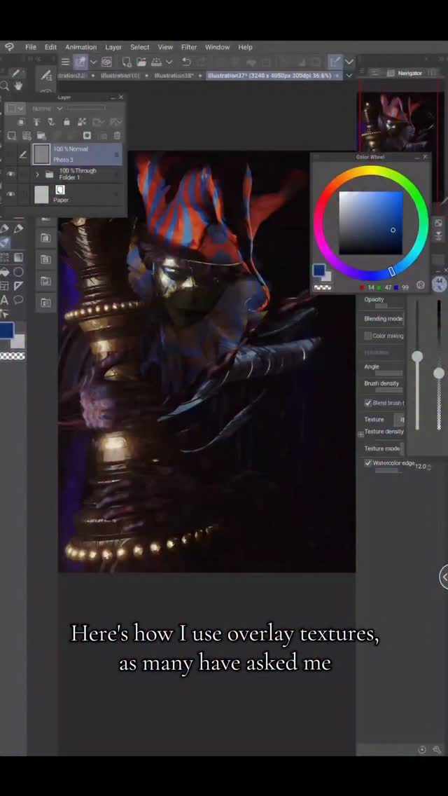 Instagram post by @akiitopiia for Clip Studio Paint. Caption reads: Here's how I use overlay textures with....