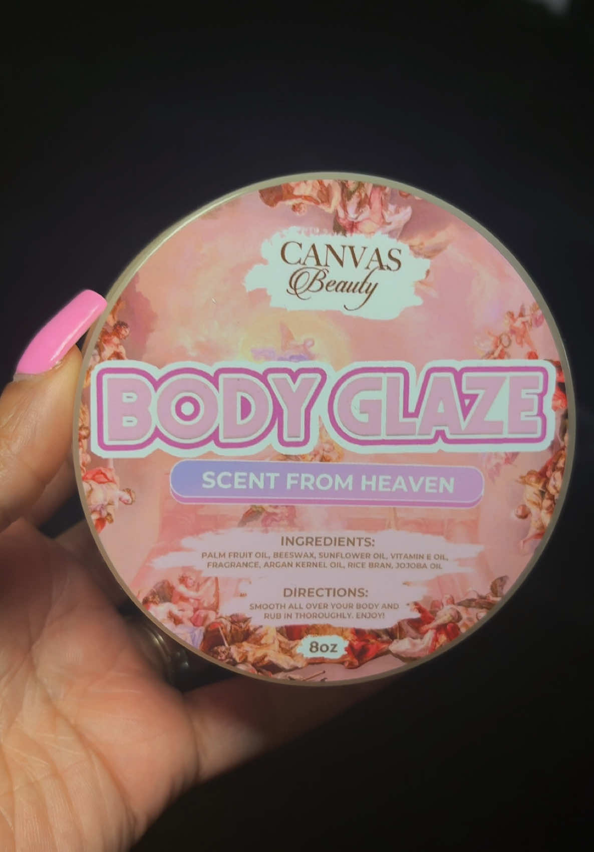 TikTok post by @keiatheplug for Canvas Beauty Brand. Caption reads: @CANVAS BEAUTY BRAND Scent From Heaven Body Glaze....