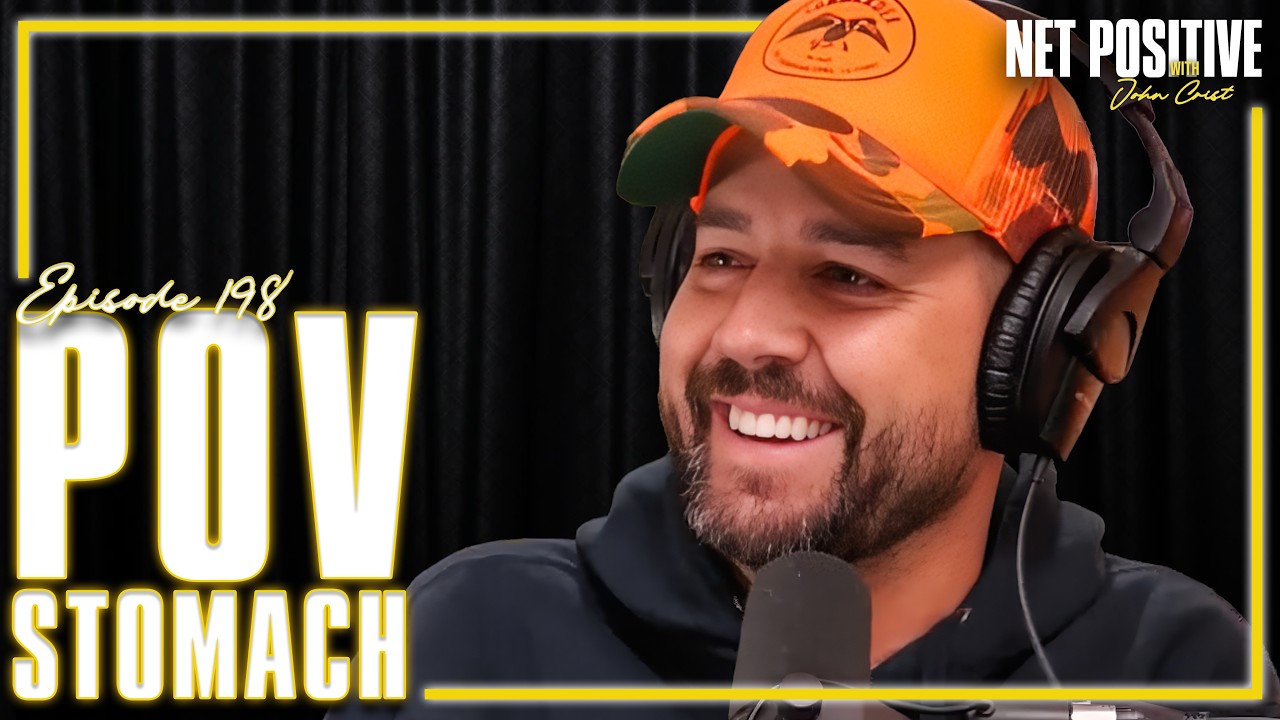 YouTube post by @netpositivepod for MALIA. Caption reads: POV Stomach | Net Positive with John Crist.