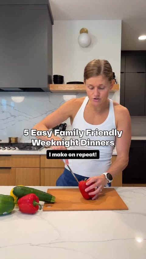 Instagram post by @nourishmovelove for Caraway Home. Caption reads: 5 Easy Weeknight Dinners I Make on Repeat....