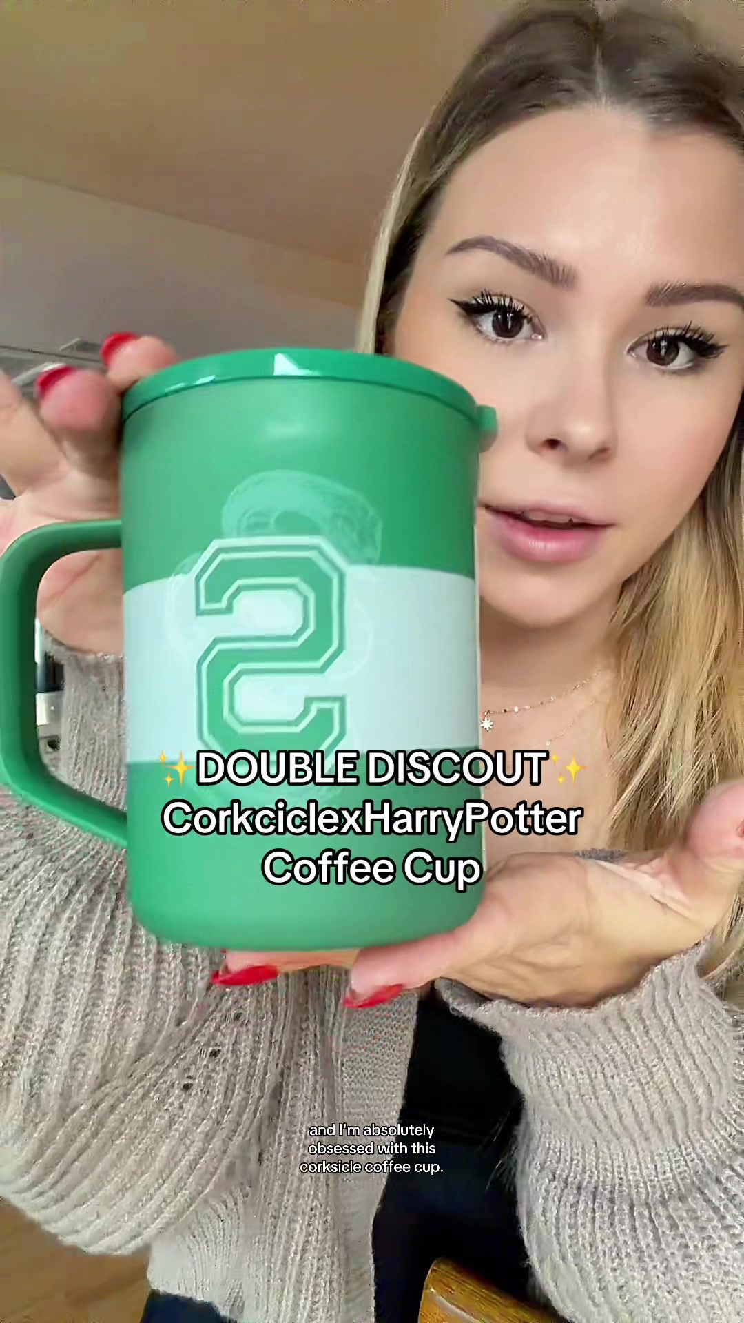 TikTok post by @heatherbyday for Corkcicle. Caption reads: Grab this CorkciclexHarryPotter coffee cup while....