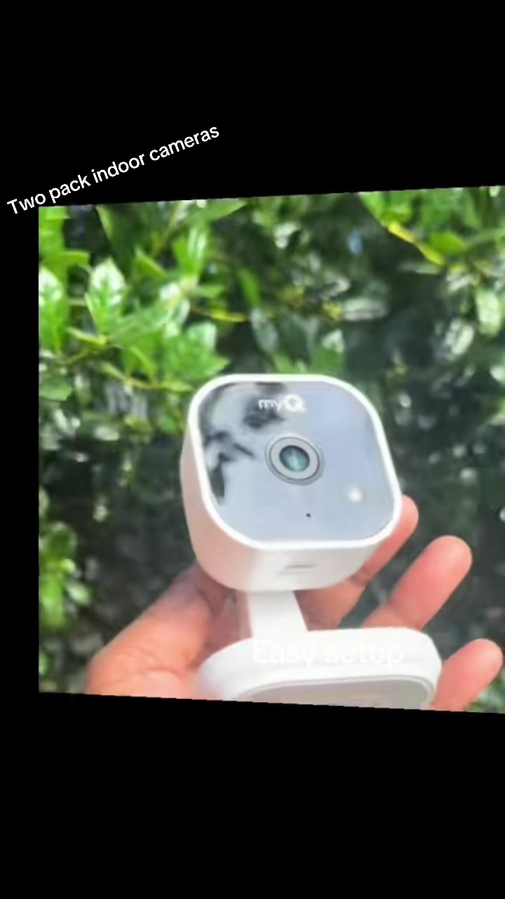 TikTok post by @jciarasreviews for myQ. Caption reads: @myQ Smart Indoor Camera 2-pk • Crystal-Clear....