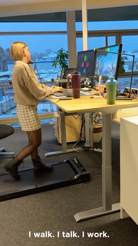 Instagram post by @yve.gaming for FlexiSpot. Caption reads: [...] you try a walking pad at work? 👀✨ 🔥....