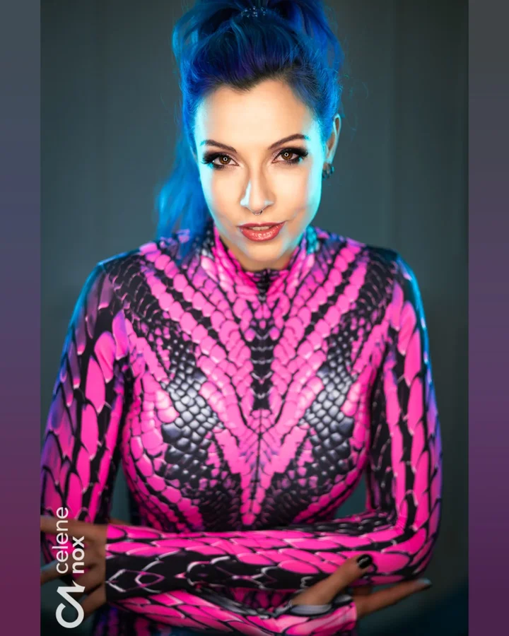 Instagram post by @celene.nox for Devil Walking. Caption reads: [...] 🐍💕 Werbung / new catsuit by @devilwalking....