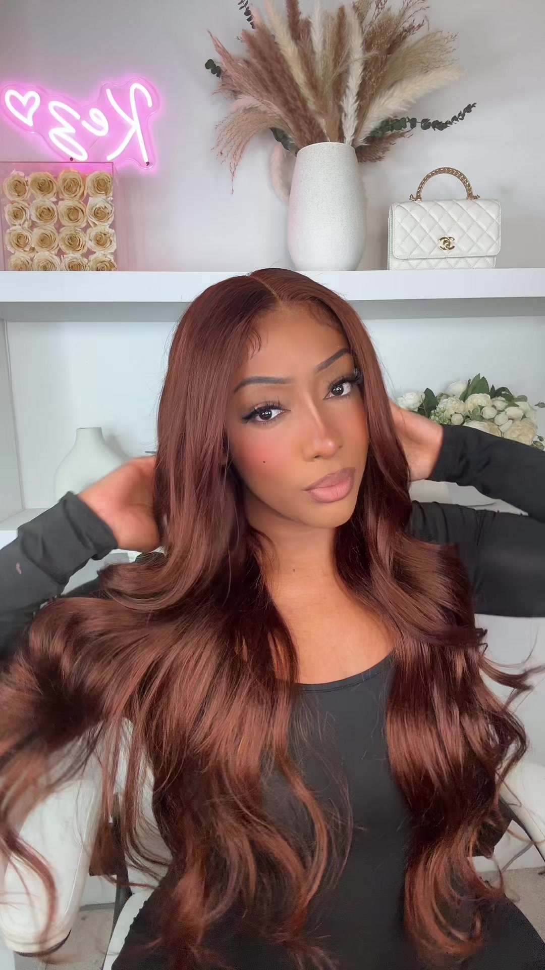 TikTok post by @kaviarkez_ for Eullair. Caption reads: [...] Brown Fontal Wig Unboxing & Install....