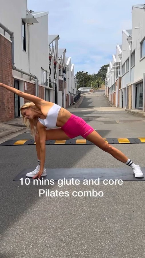 Instagram post by @pilatestv for SENSTYLABLE. Caption reads: 10 MIN GLUTE & CORE PILATES COMBO 🩶

This is your....