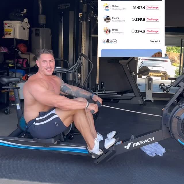 Instagram post by @brady.ifbbpro for Merach. Caption reads: Level up your cardio game with the MERACH R50....