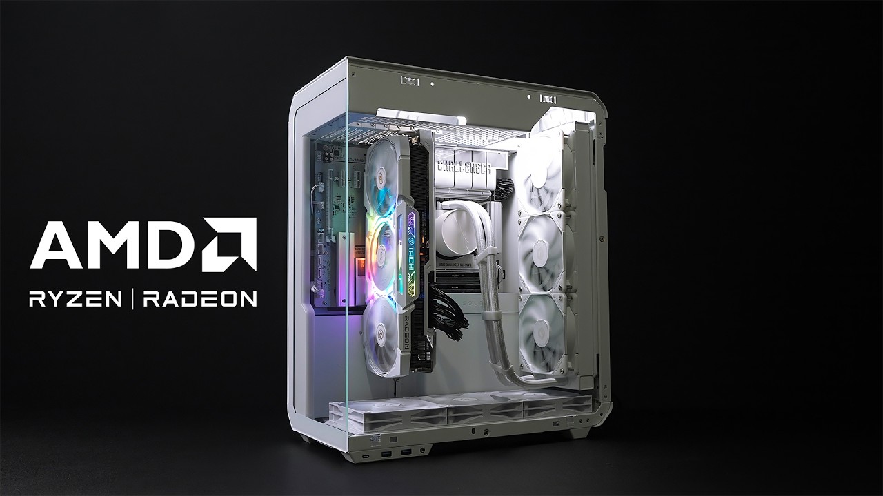 YouTube post by @ETAPRIME for Newegg. Caption reads: I Built My Friend The Ultimate All-AMD Gaming PC!.