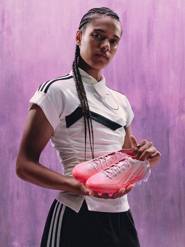Instagram post by @esmeebrugts for adidas Football. Caption reads: [...] at full speed,. F50 Sparkfusion....