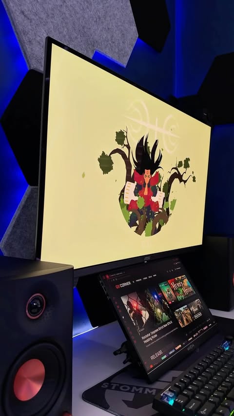 Instagram post by @stommagames for MSI Gaming. Caption reads: [...] the MPG 321URX QD-OLED for yourself.....