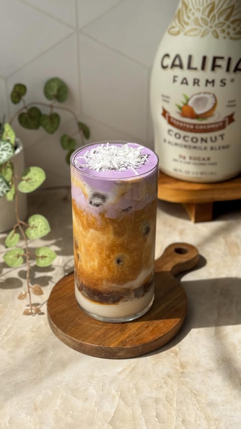 Instagram post by @milkteamali for Califia Farms. Caption reads: [...] ube coconut macchiato at home using....