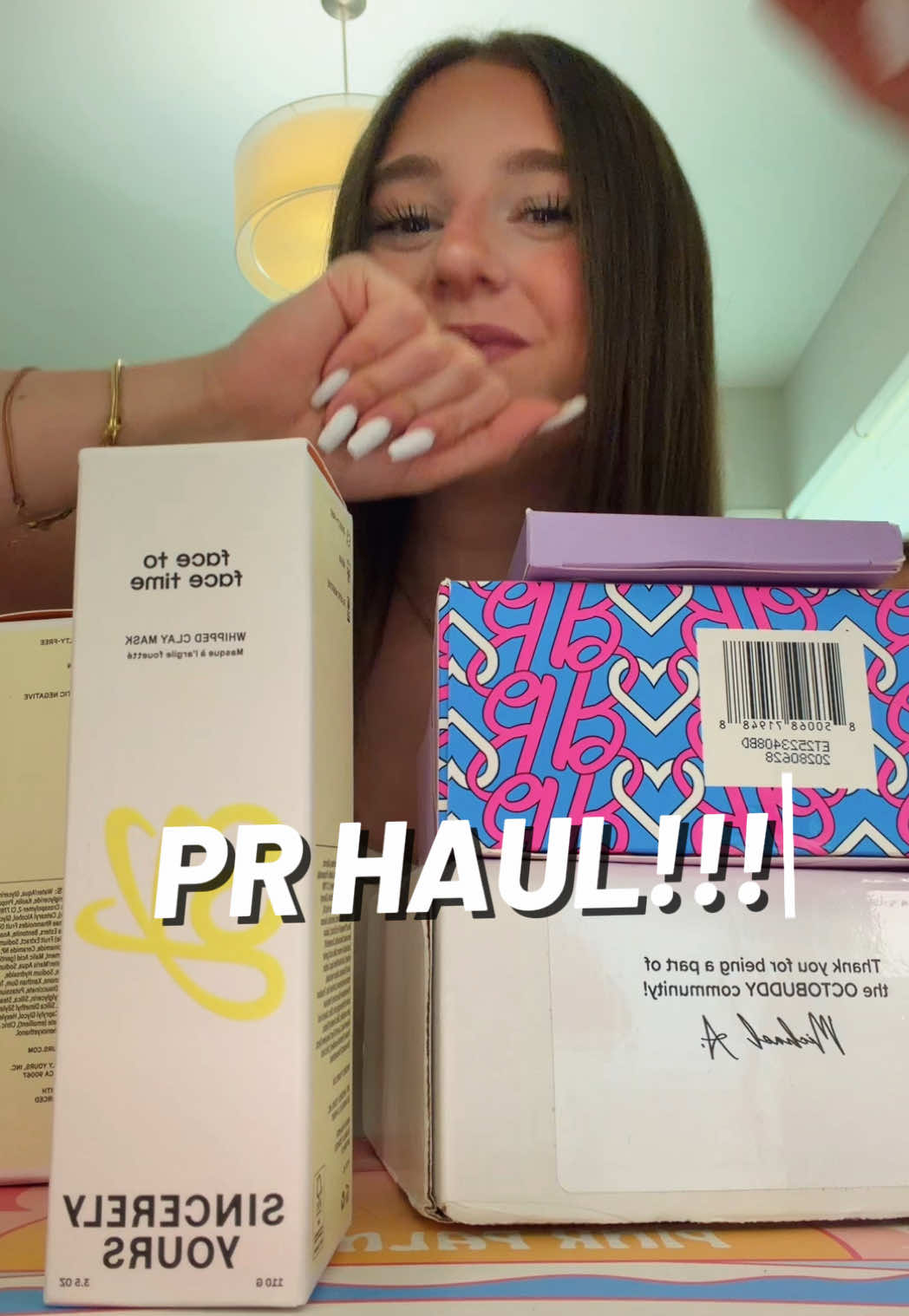 TikTok post by @kinsleystella_ for Pink Palm Puff. Caption reads: PR haul! @sincerely yours @PINK PALM PUFF....