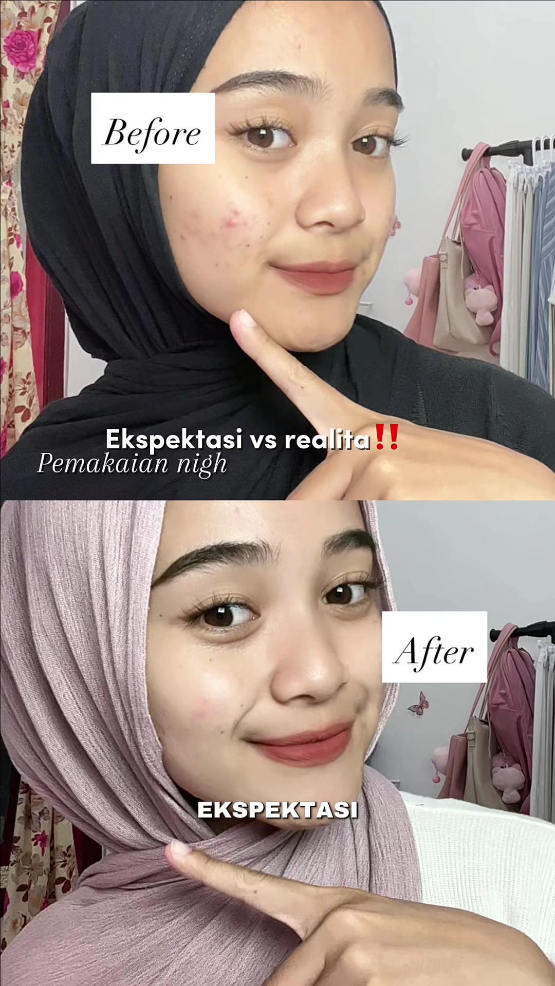 TikTok post by @desii2702 for Kezia Beauty. Caption reads: [...] vs realita pemakaian night cream nya @KEZIA....