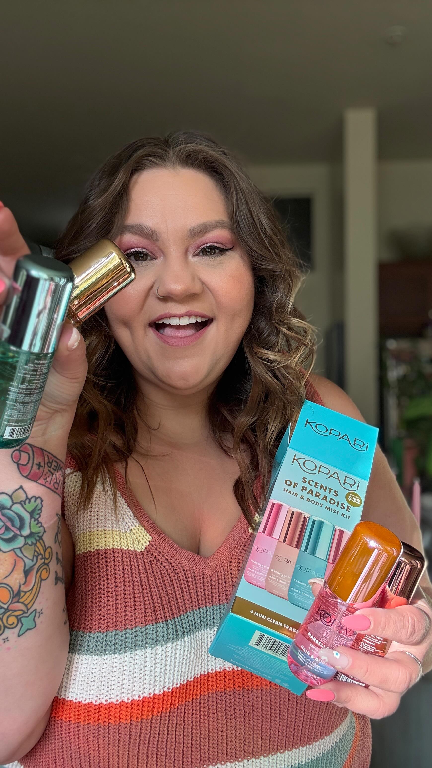 Instagram post by @voluptuousleah for Kopari Beauty. Caption reads: Okay, these smell good and least two are going on....