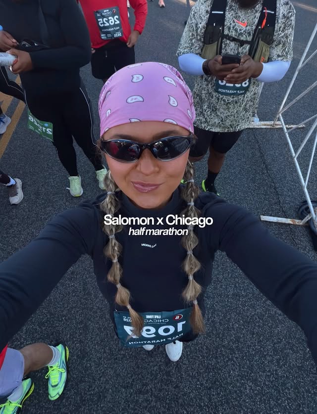 Instagram post by @amira_rajab for Salomon. Caption reads: @chicagohalf with @salomon 🏁 #SalamonPartner.