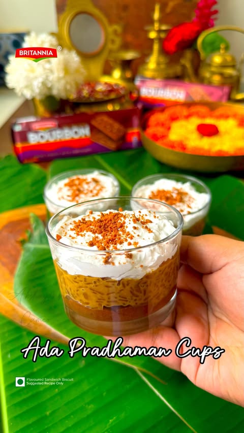 Instagram post by @akshayaascameo for Britannia SnackInc. Caption reads: Bourbon Ada Pradhaman Cups @akshayaascameo....