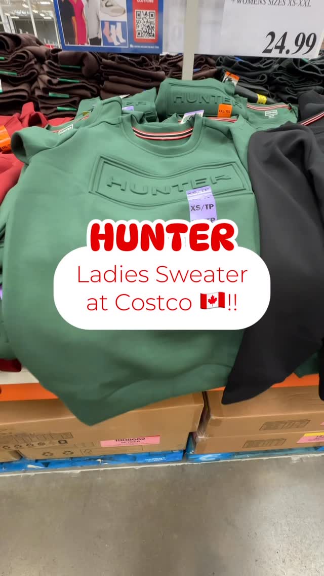 Instagram post by @costcofindscanada for Hunter Boots. Caption reads: Ladies Sweater from @hunterboots made in that....