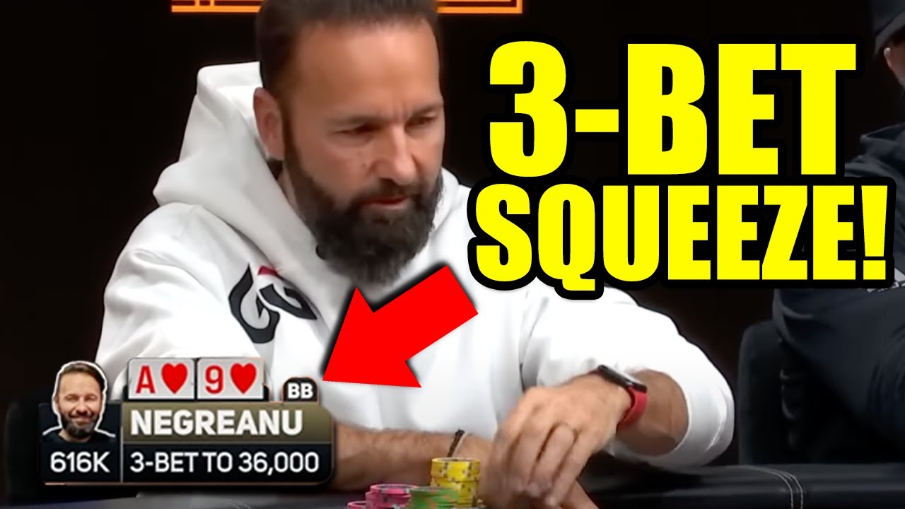 YouTube post by @dnegspoker for Contenders Clothing. Caption reads: The SQUEEZE PLAY! | How to WIN $3,000,000 in 3....