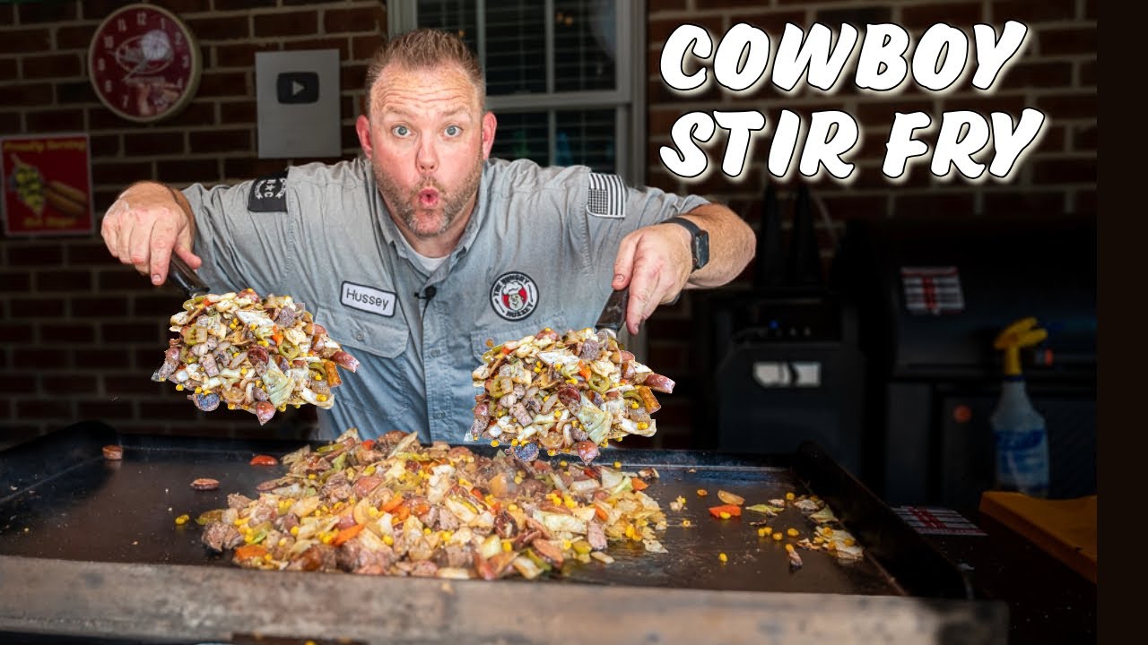 YouTube post by @thehungryhussey for Dalstrong. Caption reads: Cowboy Stir Fry Is My New Favorite Stir Fry!.