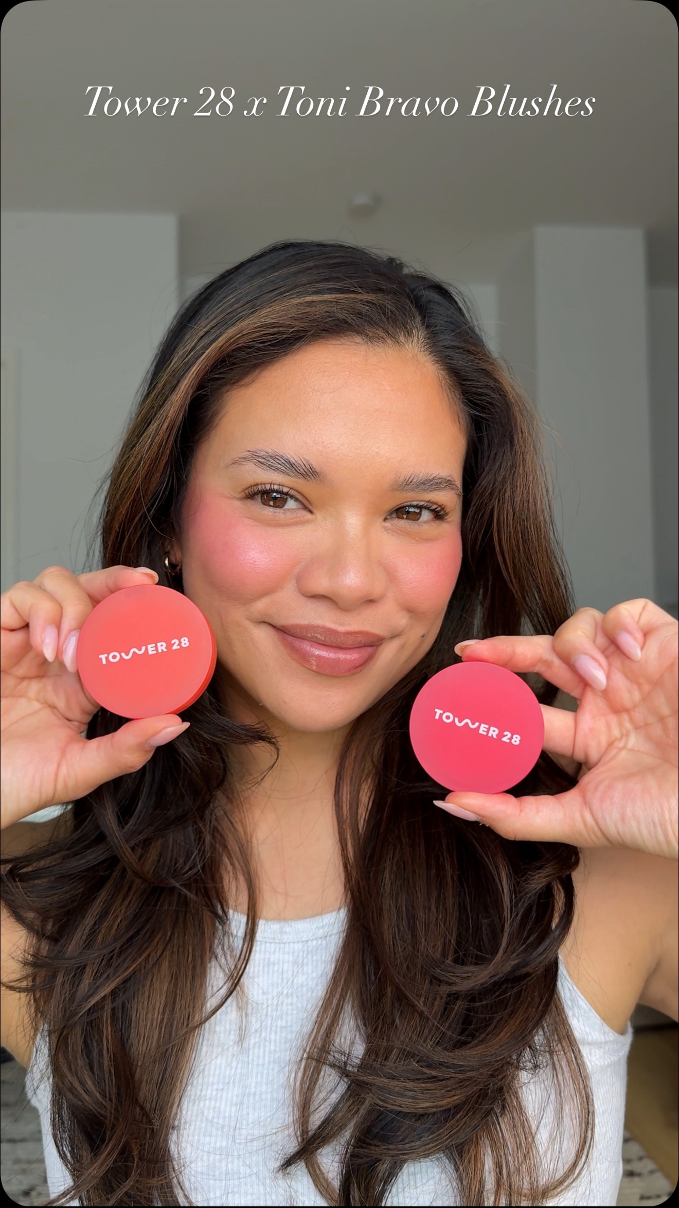 Instagram post by @melissacgeraghty for Tower 28 Beauty. Caption reads: THESE POWDER BLUSHES ARE PIGMENTEDDD.....