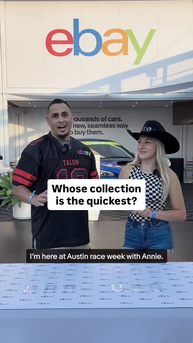 Instagram post by @talon_sportscards for eBay Motors. Caption reads: Austin race weekend has a need—a need for speed....