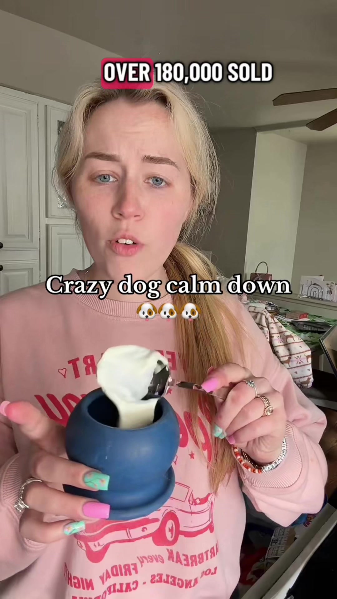 TikTok post by @thefurfamfive for Freezbone. Caption reads: Calm your dogs down with the freezball. @Freezbone....