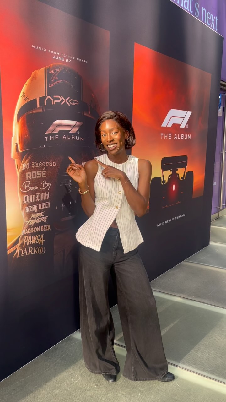 Instagram post by @zaynabcrawford for Atlantic Records. Caption reads: Just a girl at the F1 Movie listening party!!!....