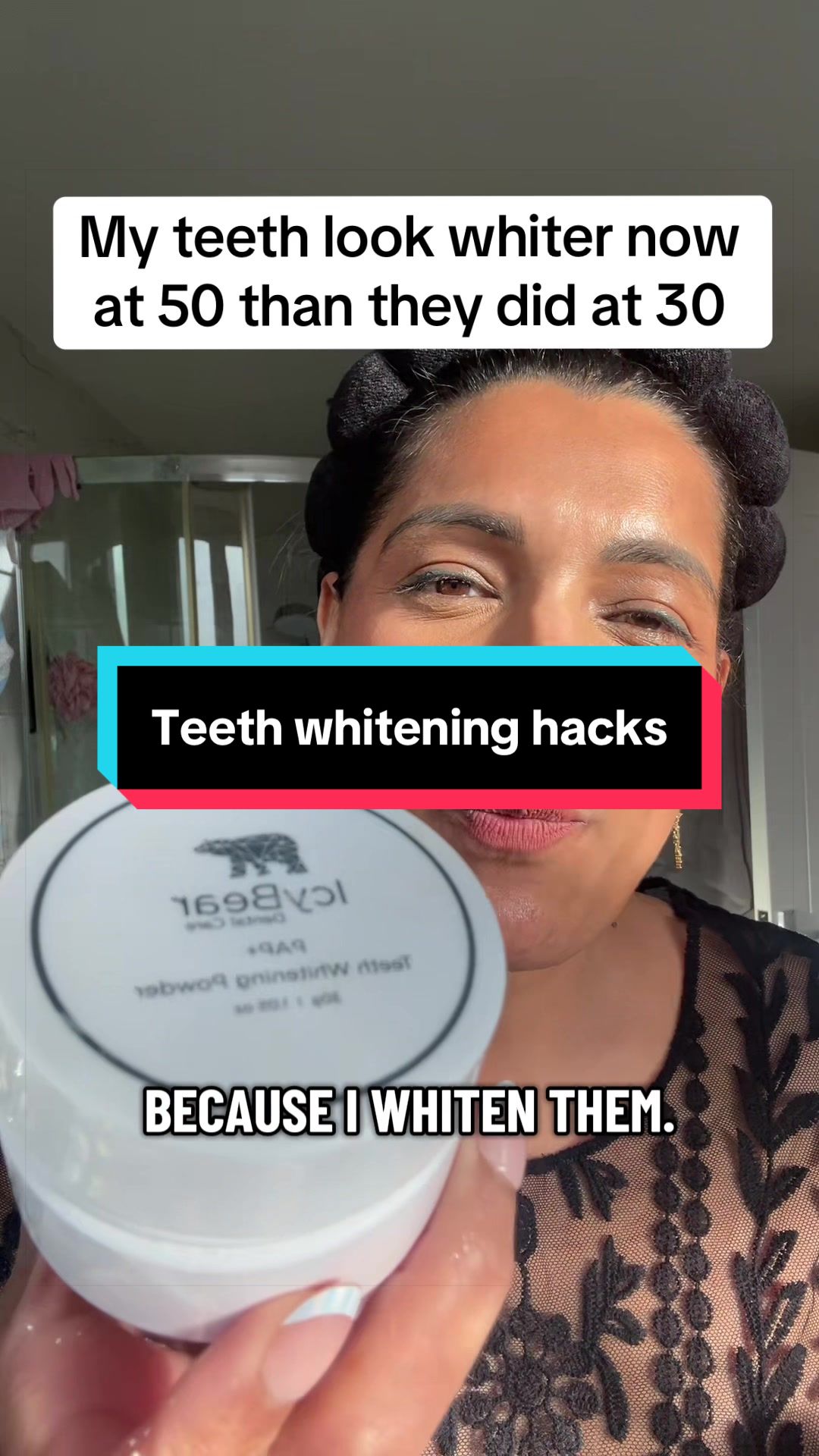 TikTok post by @sheena.tiktok76 for Icy Bear Dental. Caption reads: Everyone thinks I had expensive dental work. The....