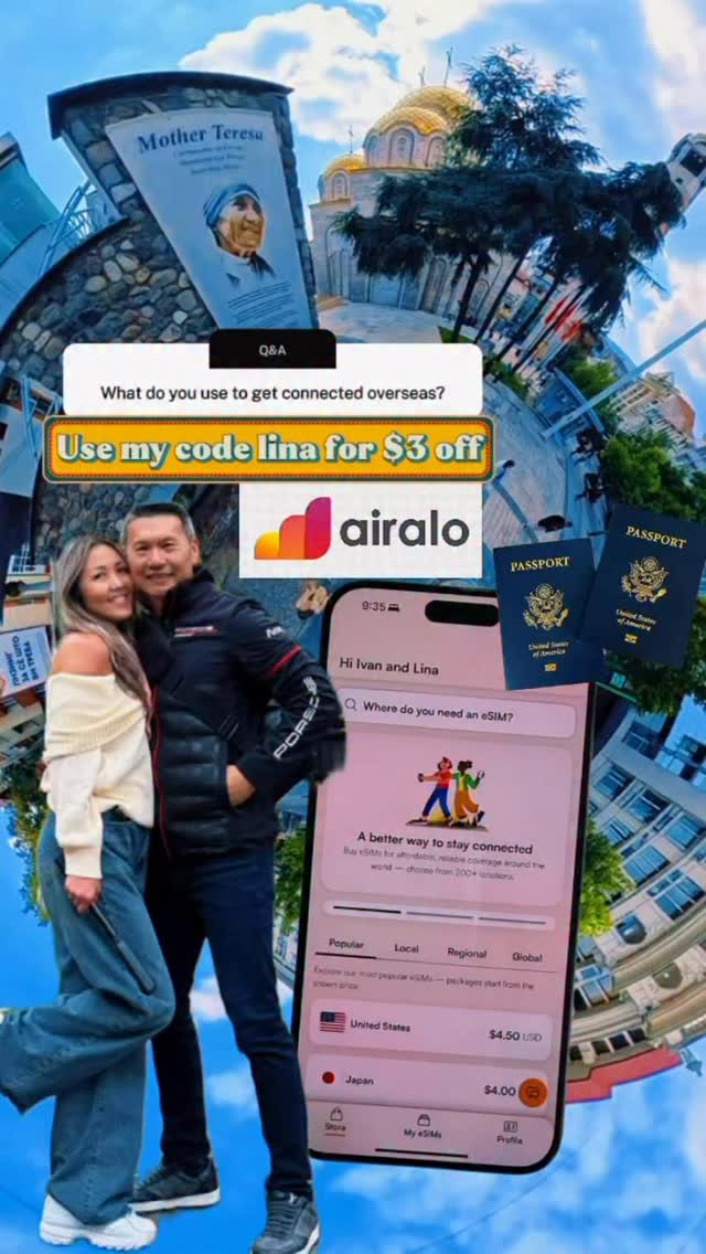 Instagram post by @linacapturelife for Airalo. Caption reads: #1 travel hack to stay 𝒸ℴ𝓃𝓃ℯ𝒸𝓉ℯ𝒹 abroad?....