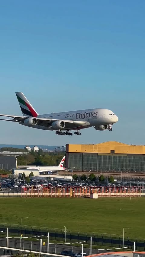Instagram post by @elemer.aviation for Emirates. Caption reads: Emirates Airlines Airbus A380 touches down at....