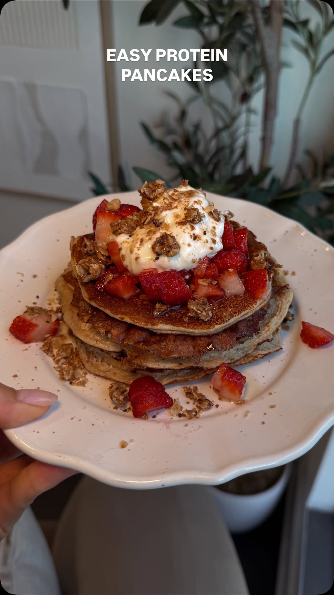 Instagram post by @christinaaa.thornton for Truvani. Caption reads: EASY PROTEIN PANCAKES 🥞🍓✨ 

- 1/2 ripe banana
-....