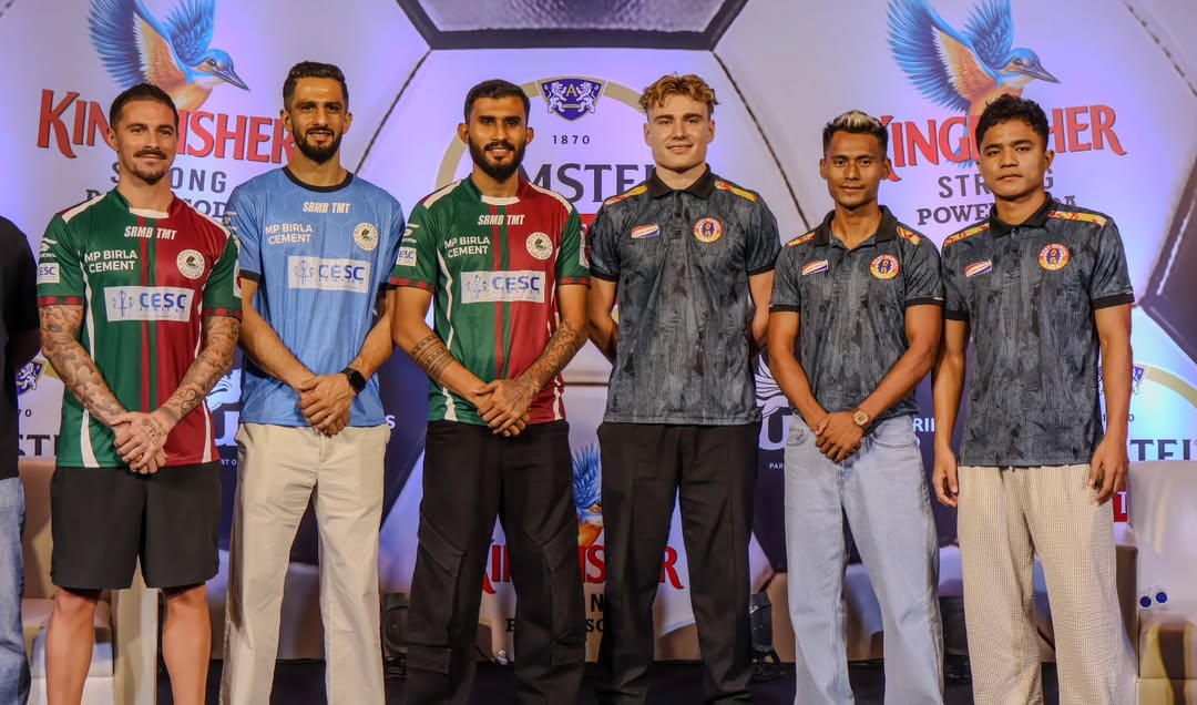 Instagram post by @eastbengalfootballclub for Kingfisher. Caption reads: [...] 🔴🟡 🤝 🟢🔴 [Joy East Bengal 🤝....