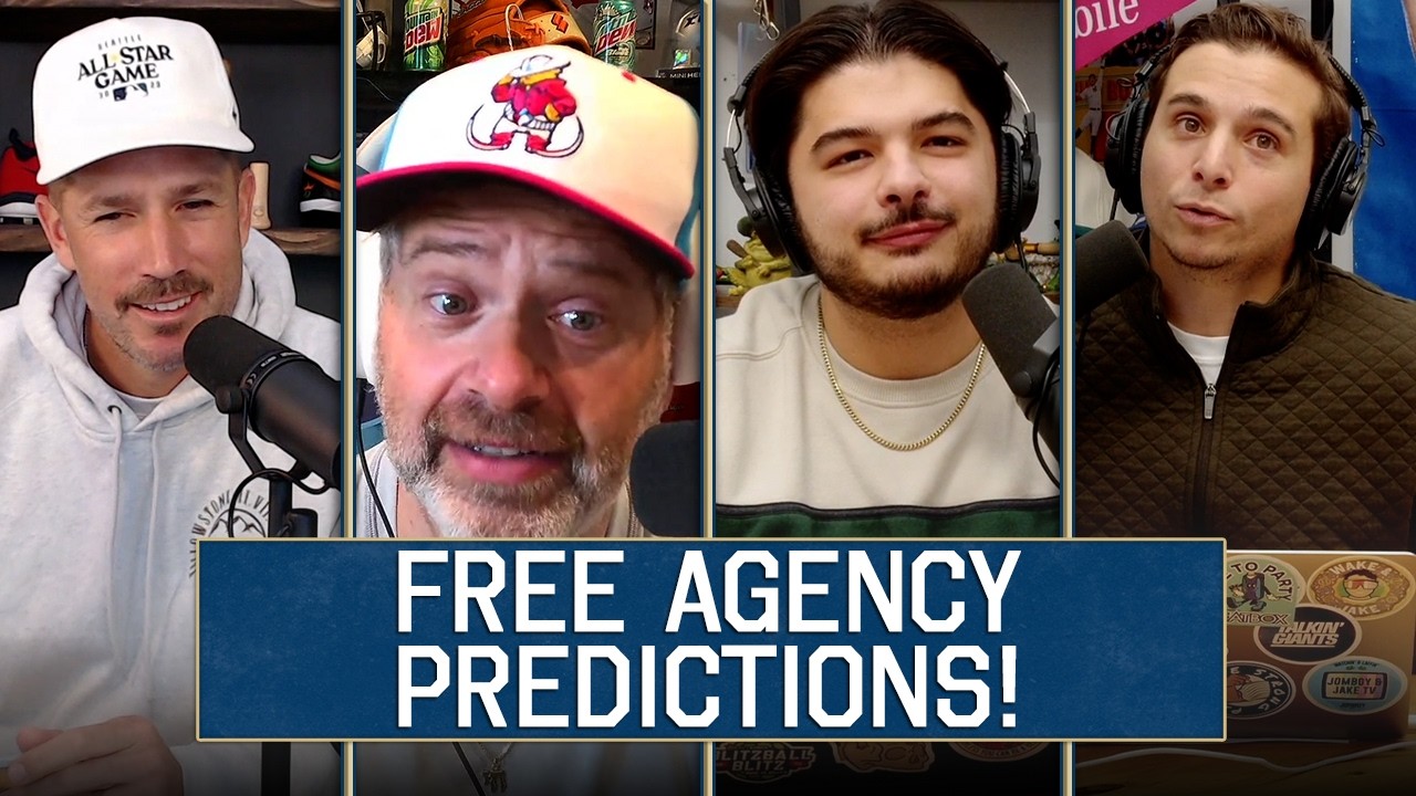 YouTube post by @TalkinBaseball for hims. Caption reads: Our Free Agency PREDICTIONS | 1064.