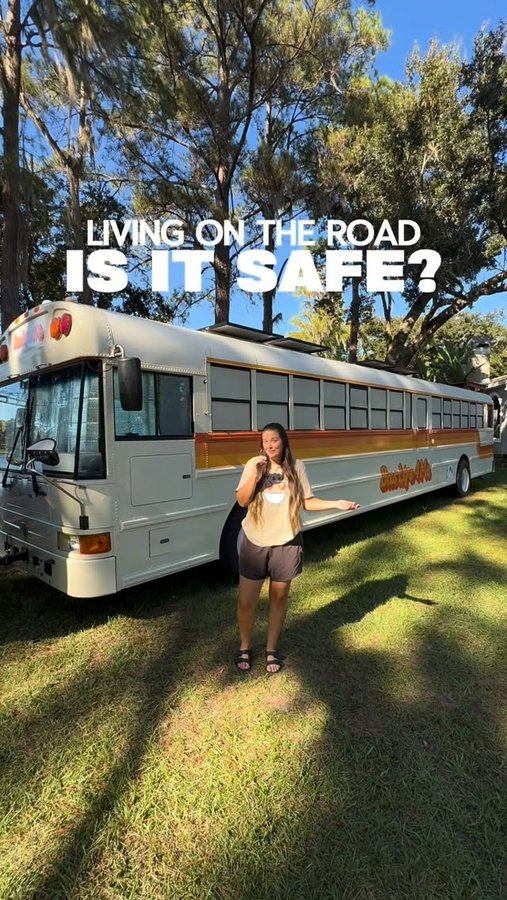 Instagram post by @buslifeforme for Reolink. Caption reads: how we stay safe while living on the road!
- never....