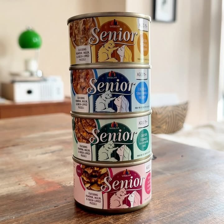 Instagram post by @girlsandtheircats for Weruva. Caption reads: @weruva senior line is here! Get your elderly....